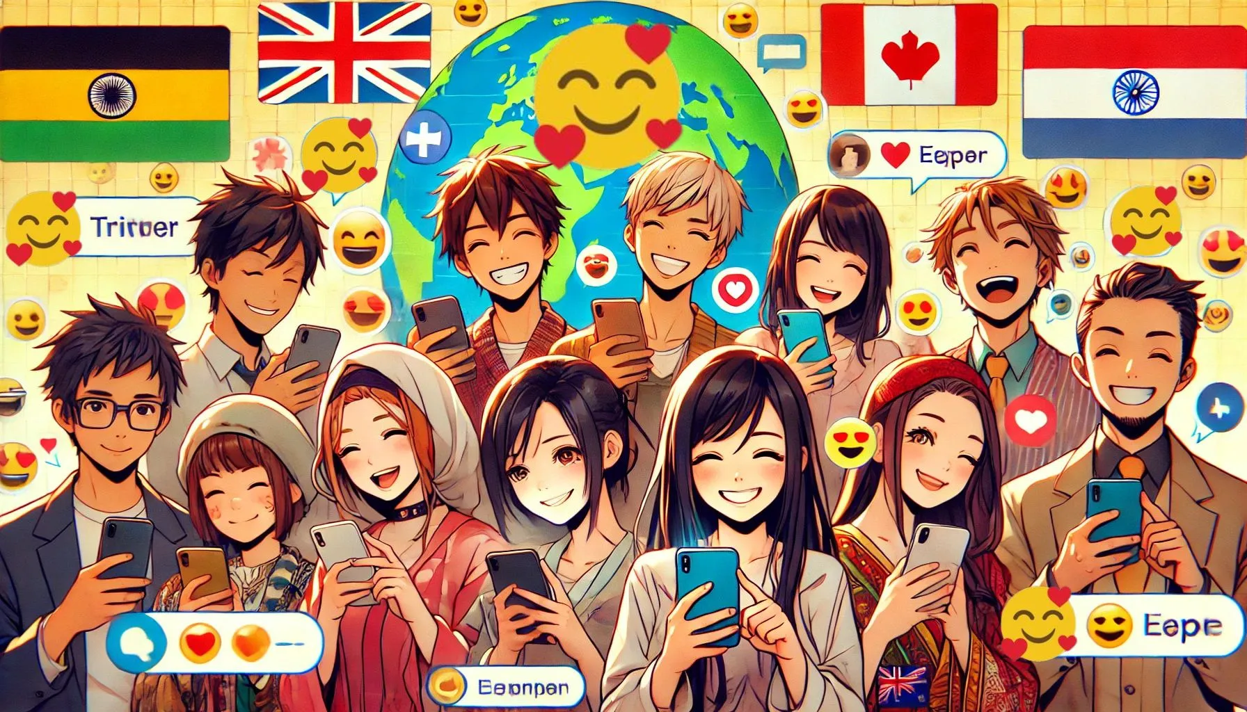 海外のSNSやメッセージアプリで絵文字『🥰』を使う多くの人々を描いたイラスト。InstagramやTwitterなどの具体的なシーンが表現されています。