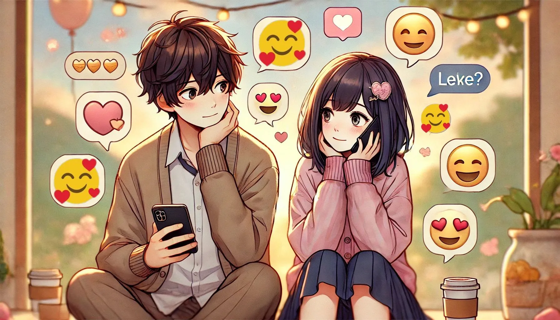 絵文字を使ったテキストメッセージを楽しむ男女キャラクター