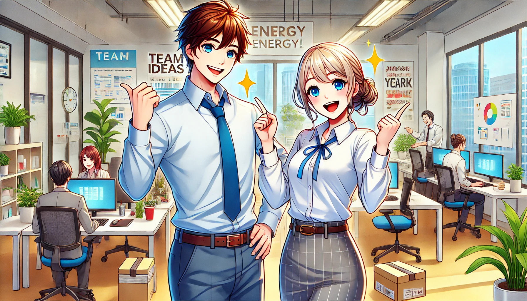 笑顔で元気な男女が職場で楽しそうに働いている様子。エネルギーを感じさせる職場の風景。