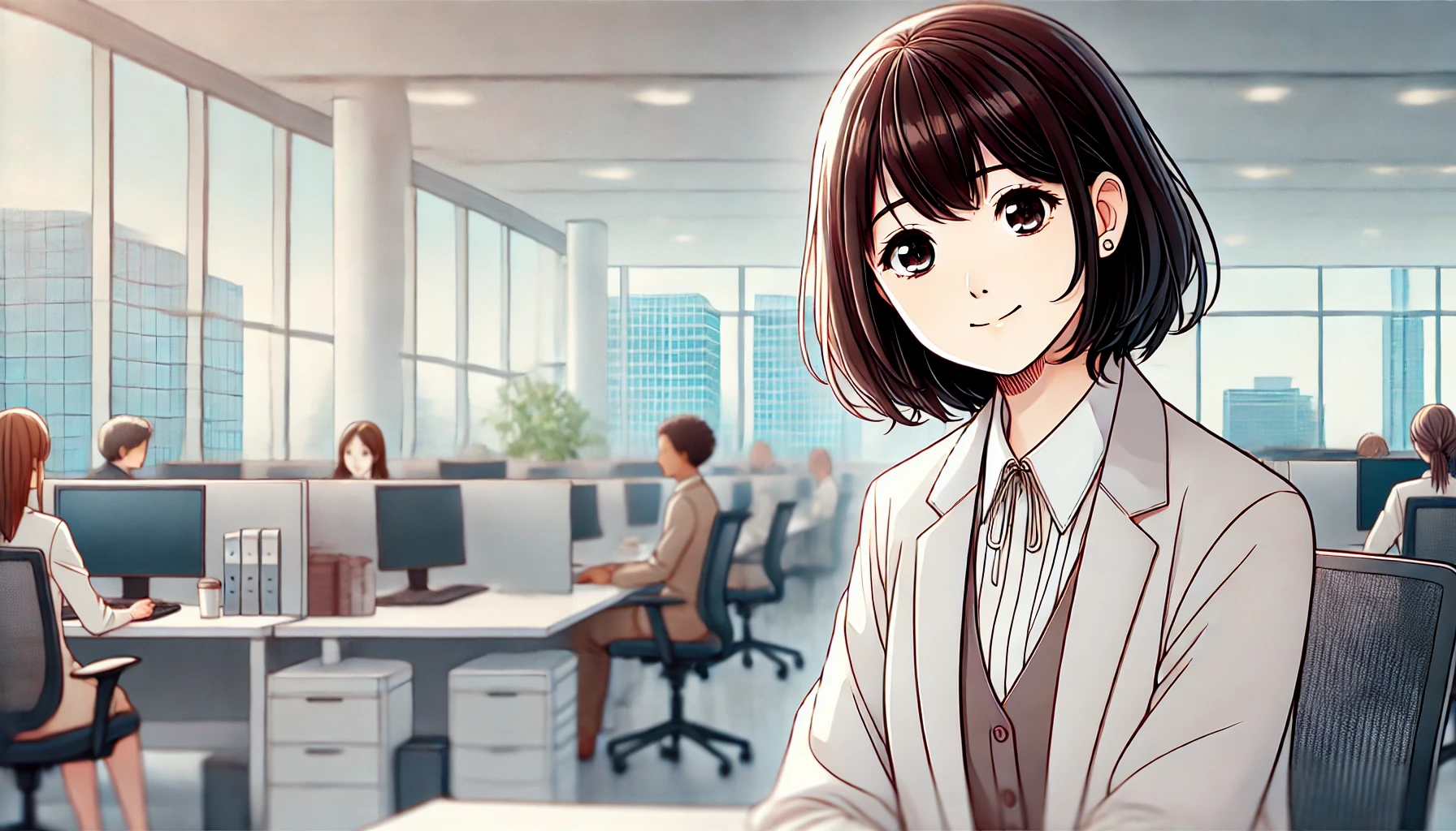 穏やかな笑顔の女性オフィスワーカーがデスクに座っているイラスト。職場でストレスを減らすための心の持ち方を表現。