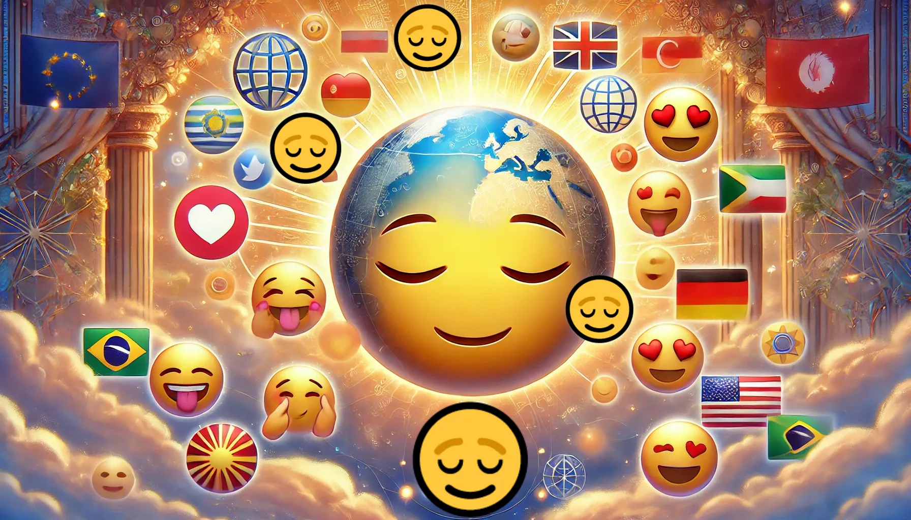 😌の顔が中央に配置された絵。背景には地球や国旗、人気の絵文字が散りばめられ、国際的な絵文字の使い方を表現しています。