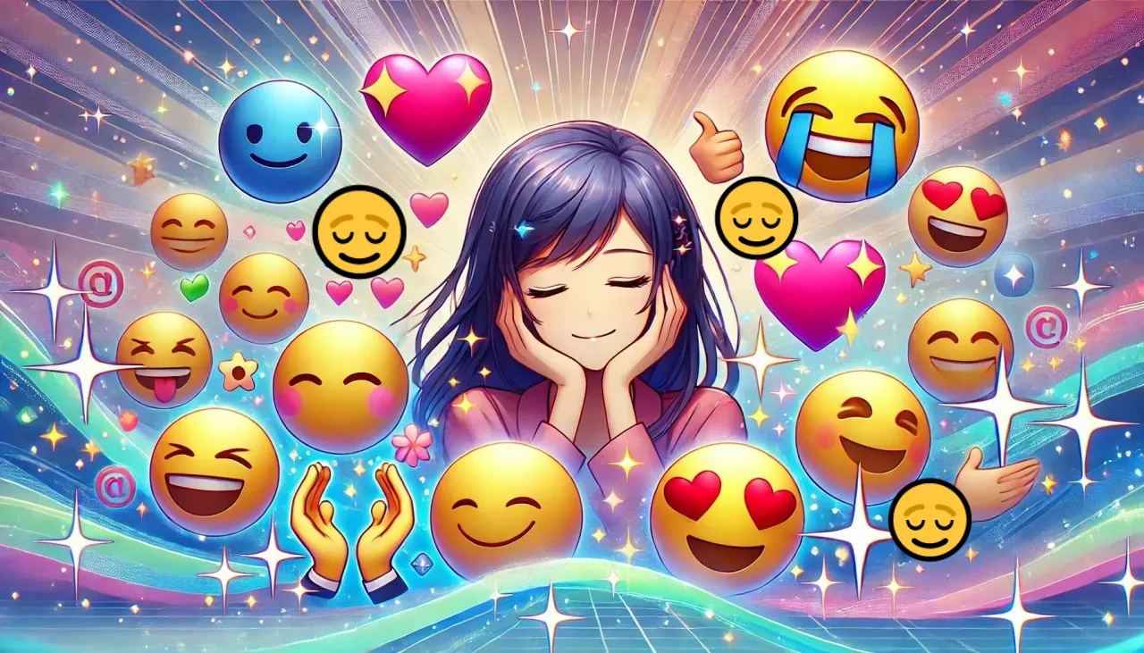  リラックスした表情の女性が、さまざまな絵文字に囲まれているイラスト。色彩豊かな背景が絵文字の活用法を示唆しています。