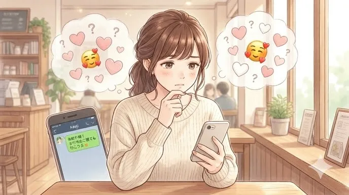 LINEのやり取りから🥰を使う男性の本音を読み取ろうとする女性のイメージイラスト