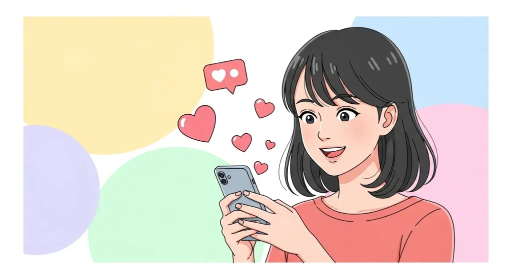 SNSでピンクハート💗を使う様子をイメージしたアニメイラスト｜スマホのハートメッセージ