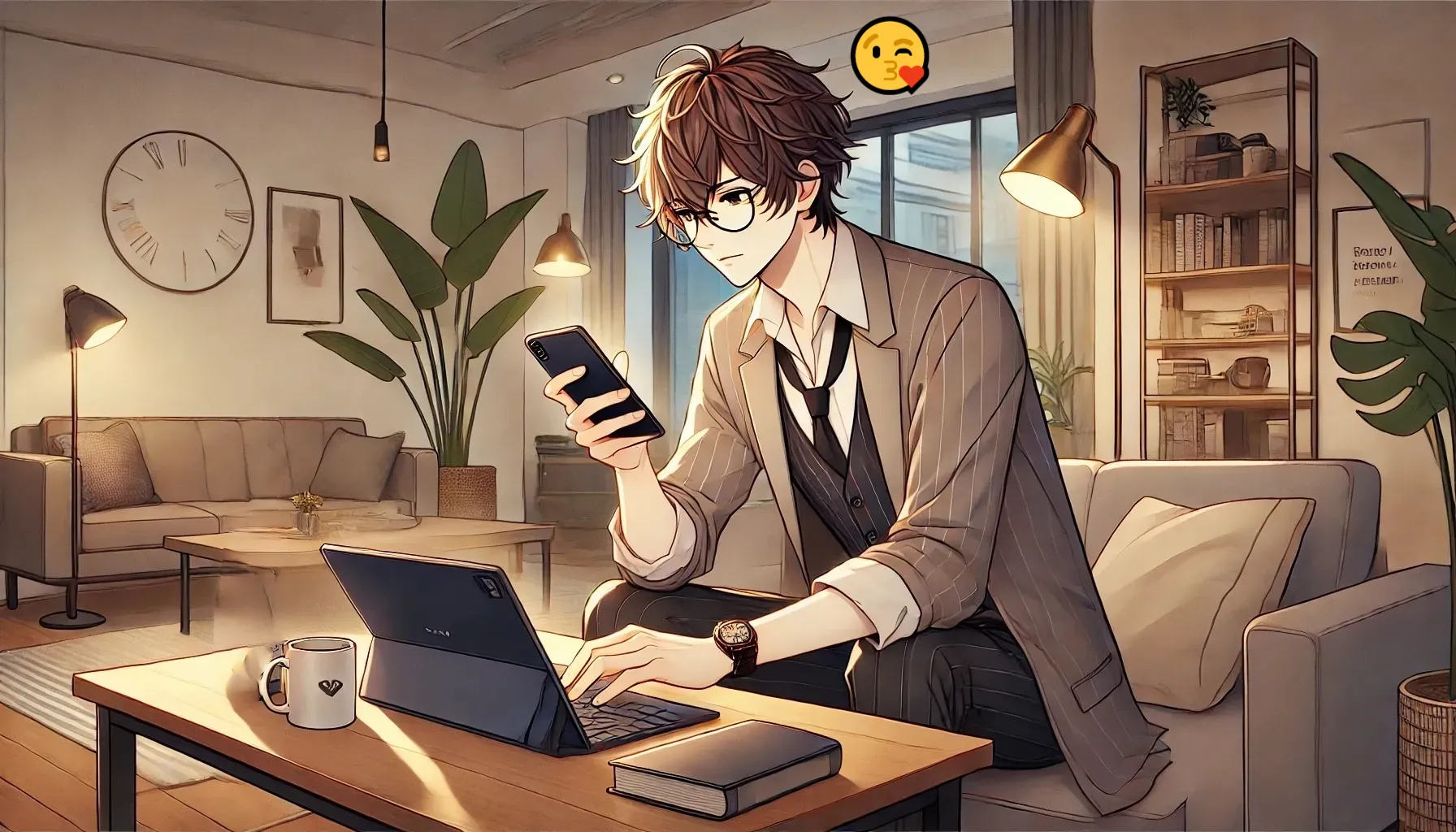落ち着いたリビングでスマホを見つめるスーツ姿の男性が、「おやすみ と投げキッス絵文字😘」のメッセージを送る場面。