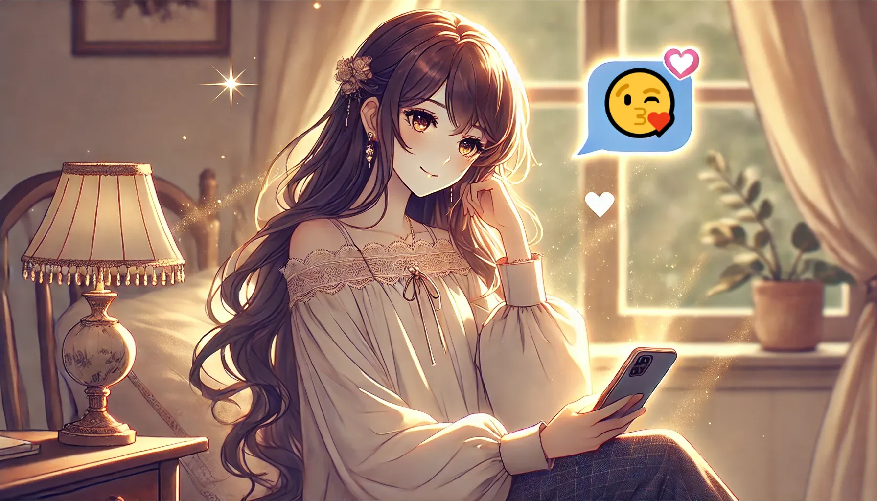 長い髪の20代後半の女性が温かい部屋でスマートフォンを見つめながら😘投げキッス絵文字のチャットを楽しんでいる様子。