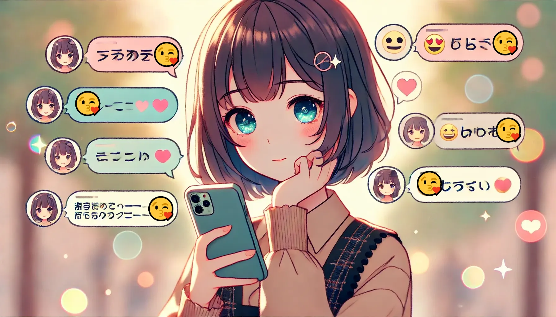 20代前半の女性がスマートフォンで複数の😘投げキッス絵文字を含むメッセージを見ながら微笑んでいる様子。
