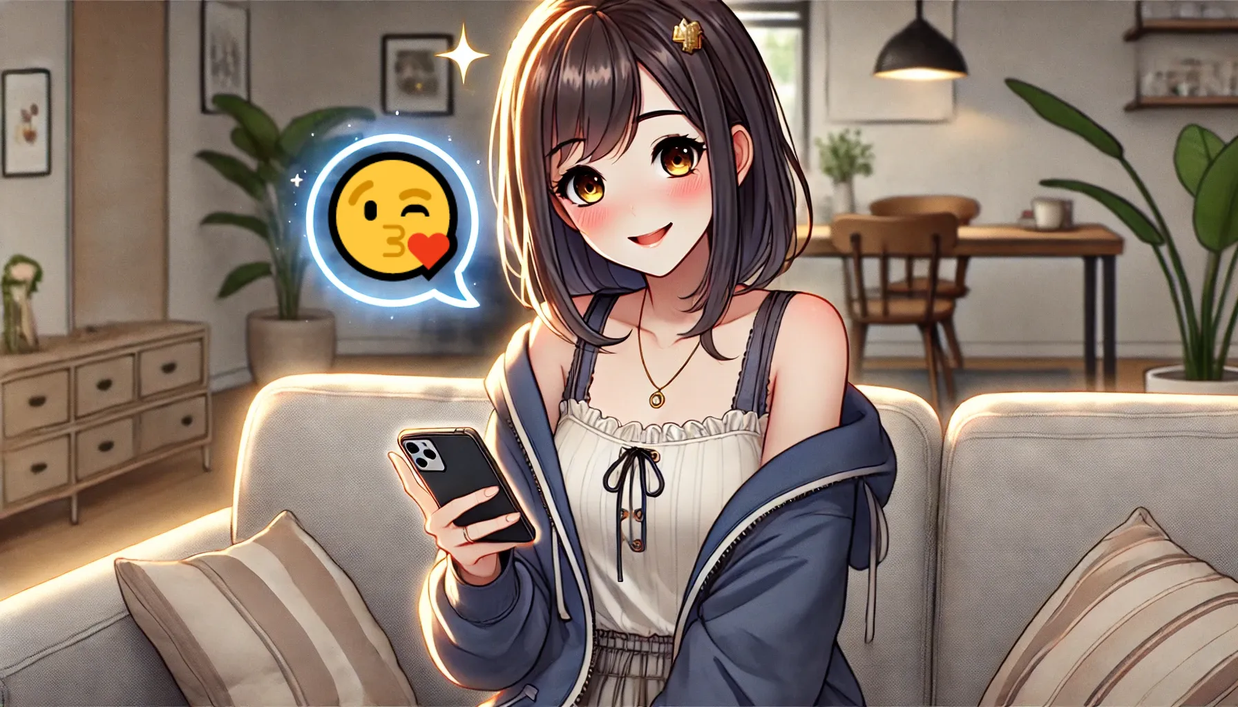 カジュアルな服装の女性がリビングで😘投げキッス絵文字のチャットを送っている姿。