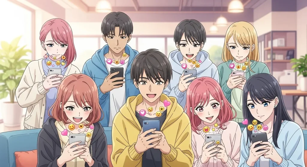 スマホを見ながら楽しむ若者たちとハートのリアクションが浮かぶインスタのイメージイラスト