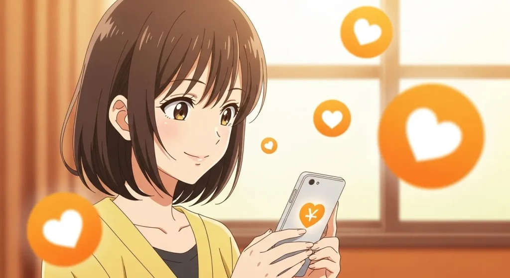 オレンジハート🧡の意味を考える女性のアニメイラスト