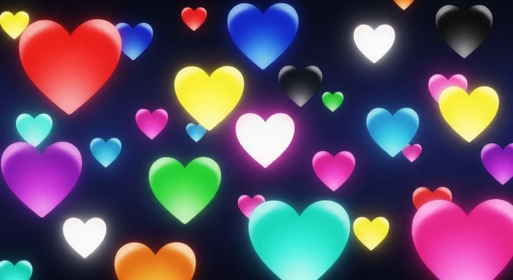 赤・青・黄色・白・黒など色とりどりのハートが並ぶイラスト。ハート色の意味の違いを表現