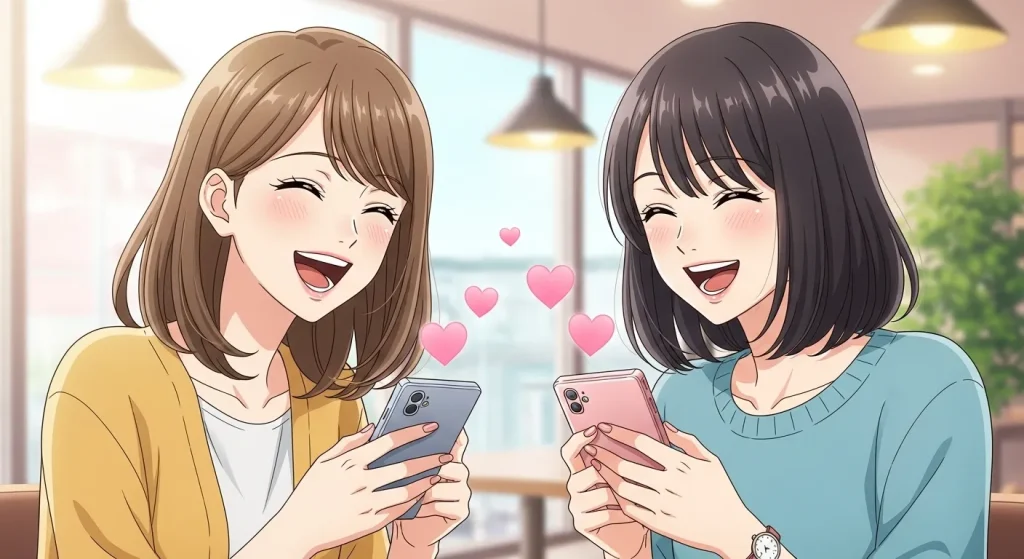 ピンクハート💗が友情で使われる意味をイメージしたアニメイラスト｜スマホで会話する友達