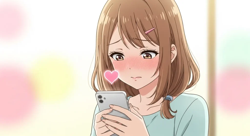 ピンクハート💗を送る人の心理をイメージしたアニメイラスト｜スマホのハートメッセージに照れる女性