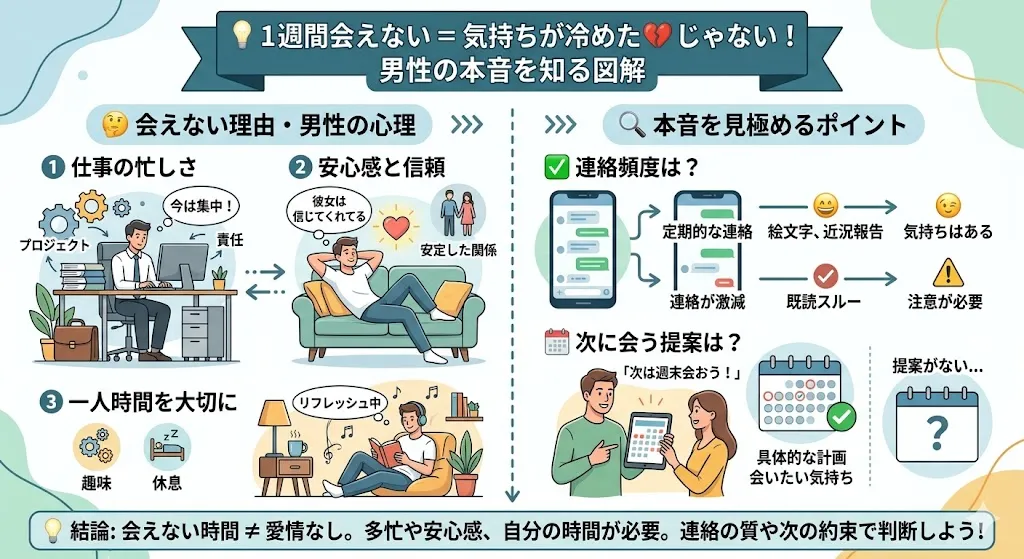 1週間会えない男性心理の図解。仕事の忙しさ・安心感・一人時間を大切にする心理と、本音を見極める連絡頻度や次に会う提案のポイントを解説