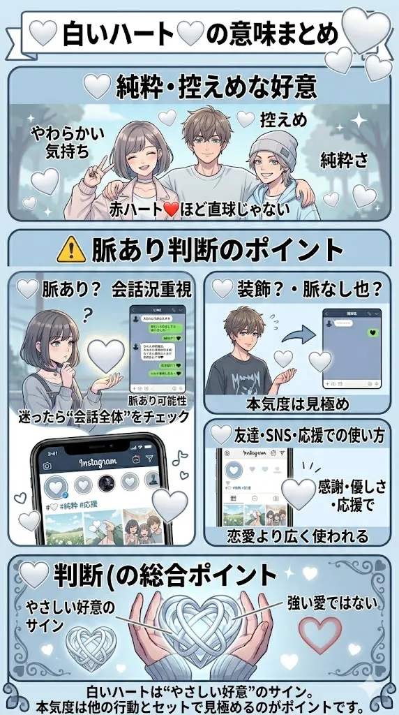 白いハート🤍の意味をまとめた図解｜恋愛心理・脈ありサイン・SNSでの使い方や優しい好意を解説