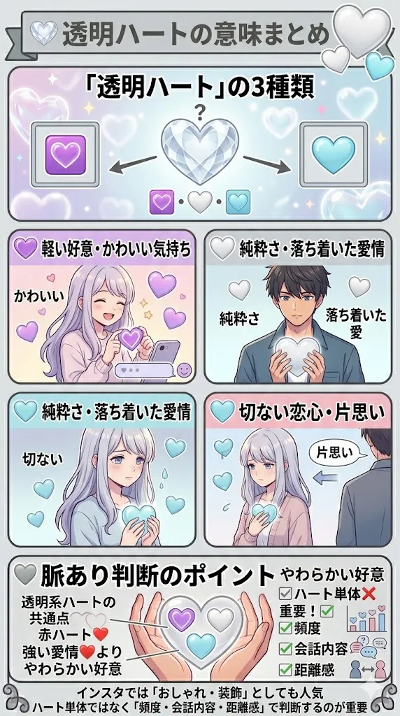 透明ハート💟🤍🩵の意味をまとめた図解|恋愛心理・脈ありサイン・SNSでの使い方や3種類の違いを解説