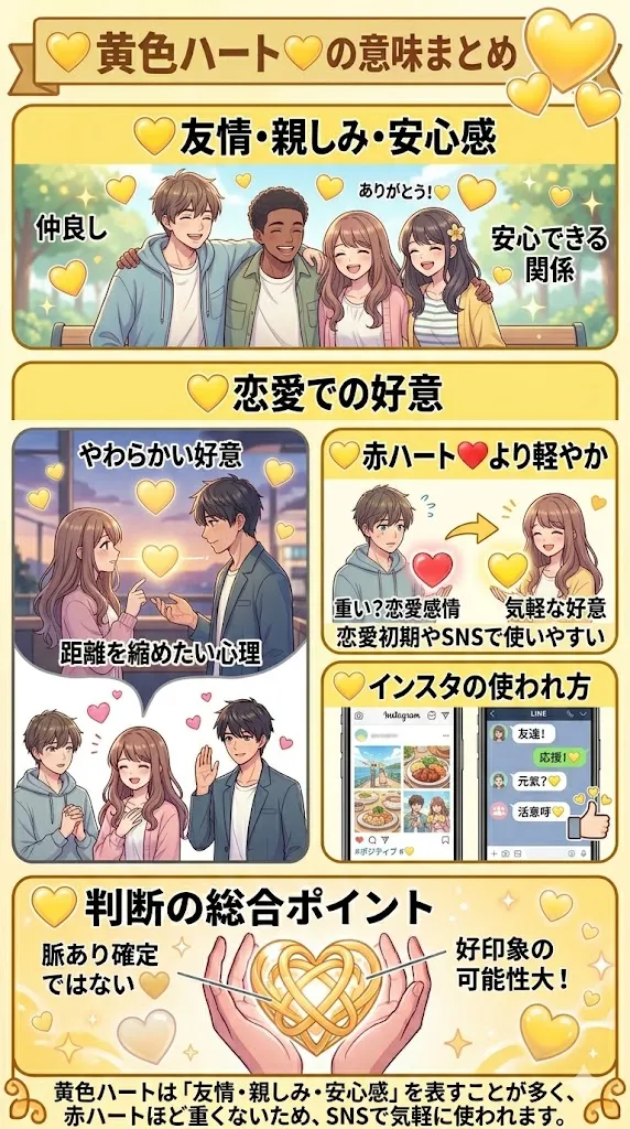 黄色ハート💛の意味をまとめた図解|友情・恋愛心理・SNSでの使い方や脈ありサインを解説