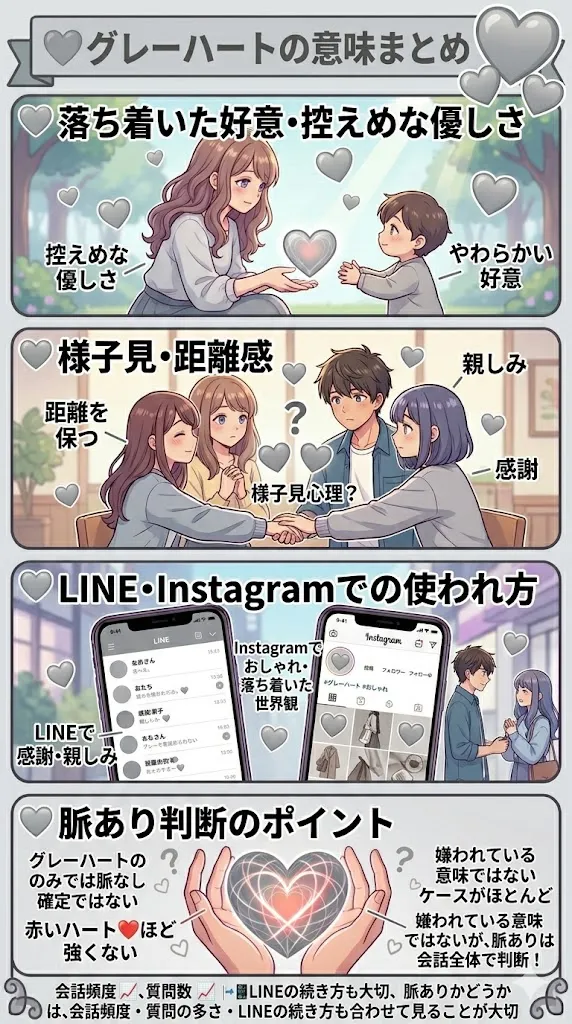 グレーハート🩶の意味をまとめた図解｜恋愛・距離感・SNS・脈ありサインや男女心理を解説