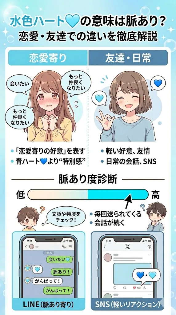 水色ハート🩵の意味と脈ありサインを解説する図解｜恋愛・友情・SNSでの違いや心理を紹介