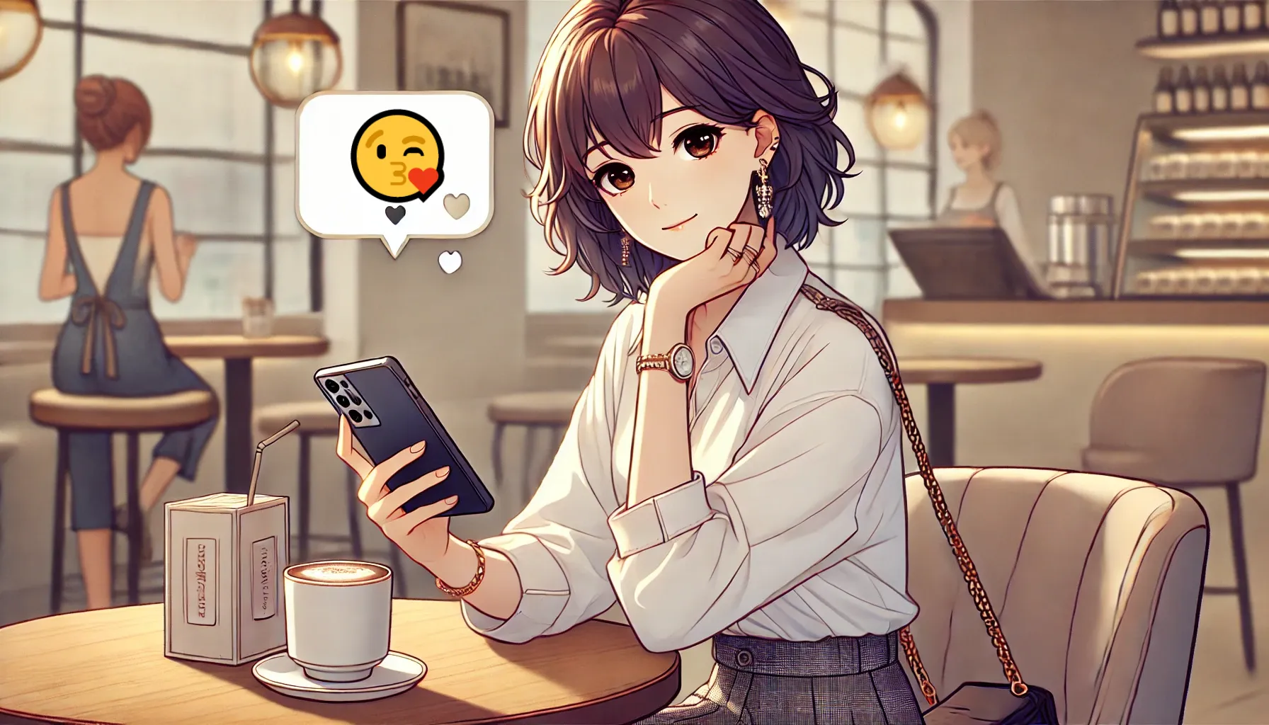 カフェでスマートフォンを持ち、考える表情を浮かべる20代後半の女性が😘投げキッス絵文字を使っている様子。