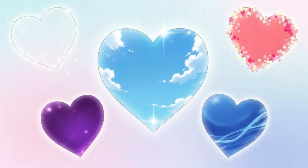 水色ハート🩵と青・ピンク・紫・白ハートの違いを比較したアニメイラスト