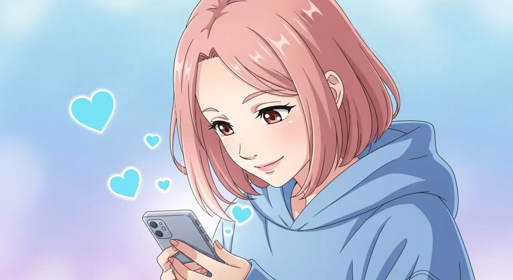 水色ハート🩵を見て嬉しそうな女性のアニメイラスト、恋愛感情や好意を表現