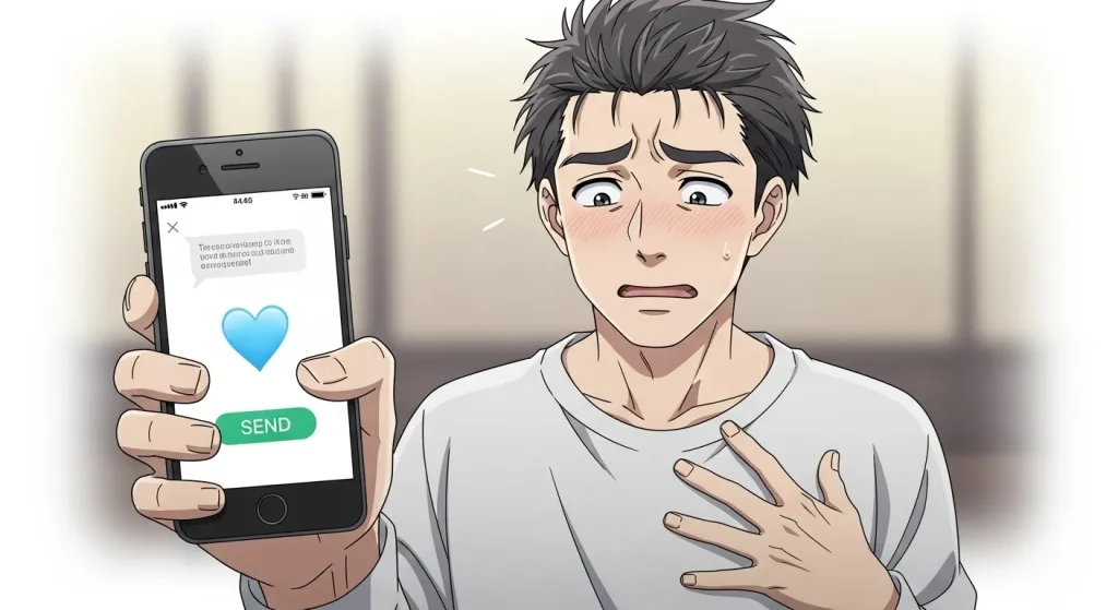 水色ハート🩵を送って後悔する男性のアニメイラスト、恋愛心理や脈ありを意識する様子