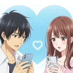 スマホでやり取りする男女と水色ハート、恋愛や脈ありサインをイメージしたアニメイラスト