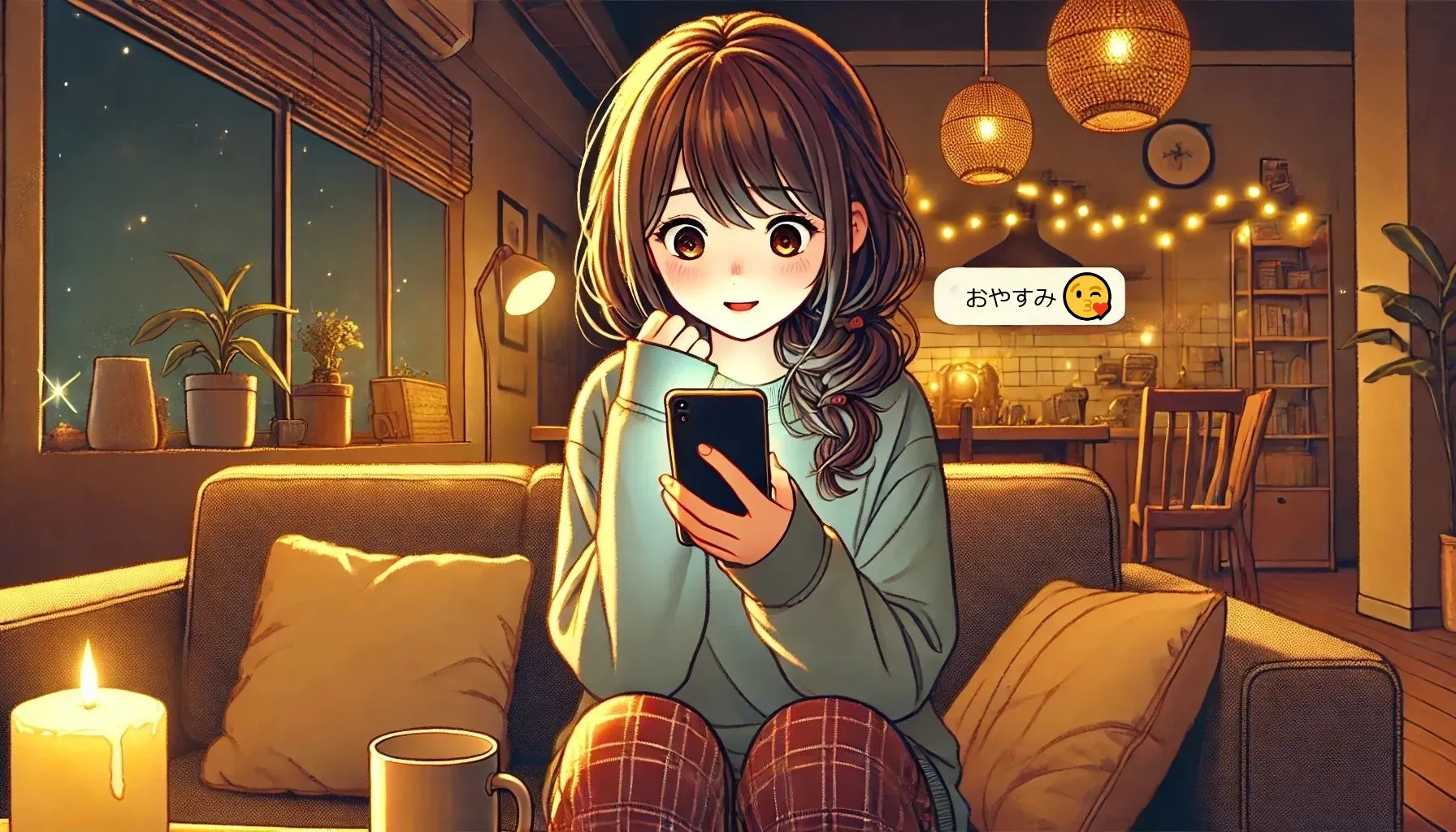 夜の部屋でソファに座り、スマホを見て驚きつつ微笑む女性が、男性から「おやすみ と投げキッス絵文字😘」のメッセージを受け取る場面。