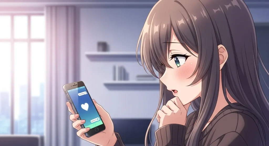 白いハートが脈ありか気になる女性がLINEを見て悩んでいる様子