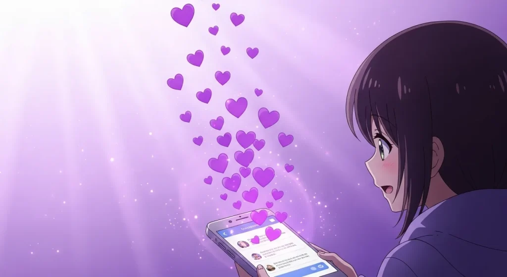 紫ハートの意味を表すイラスト。スマートフォンから紫のハートが浮かび上がる様子