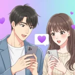 紫ハートの意味をイメージしたイラスト。スマートフォンでメッセージを送り合う男女と紫のハート