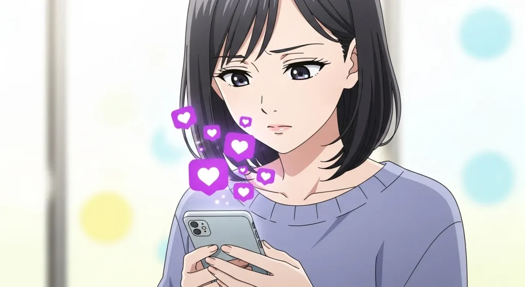 紫ハートの意味が気になりスマートフォンを見る女性のイラスト。紫のハートのメッセージが表示されている