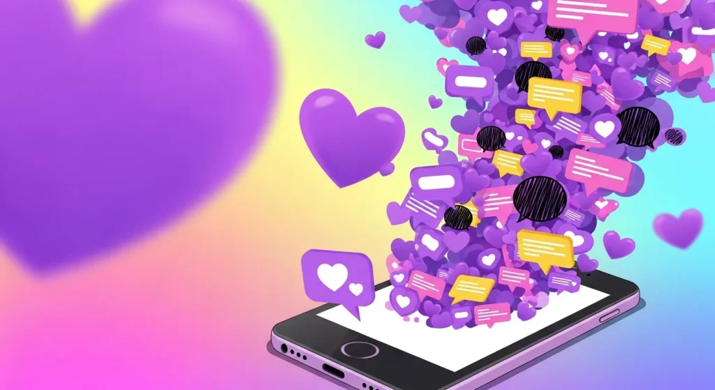 紫ハートの意味を表すイラスト。スマートフォンから紫のハートやメッセージが広がるSNSのイメージ