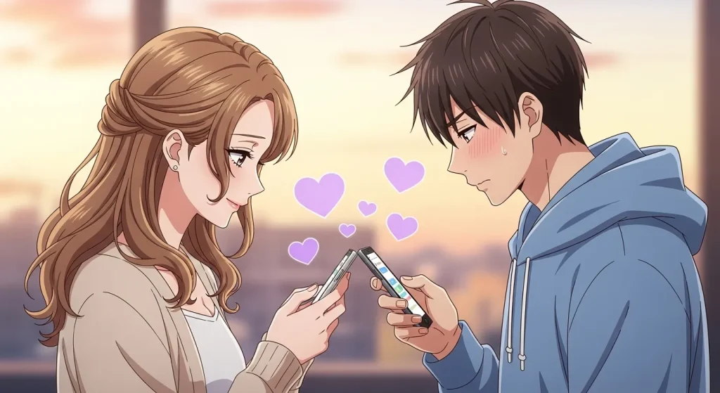 紫ハートの意味を恋愛シーンで表したイラスト。スマートフォンを見ながら驚く男女と紫のハート