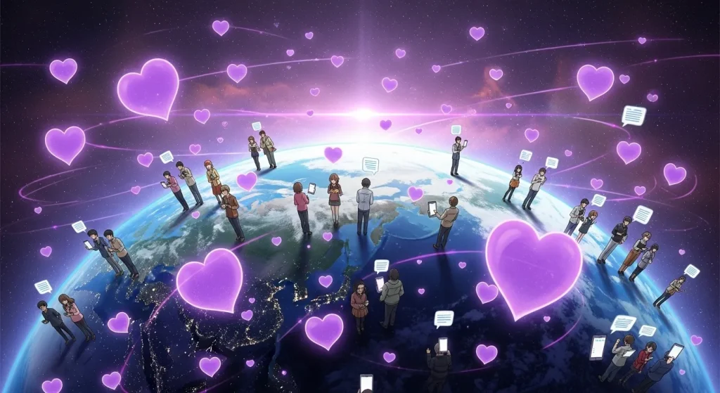 紫ハートの意味を世界で表したイラスト。地球の周りに紫のハートとSNSでつながる人々