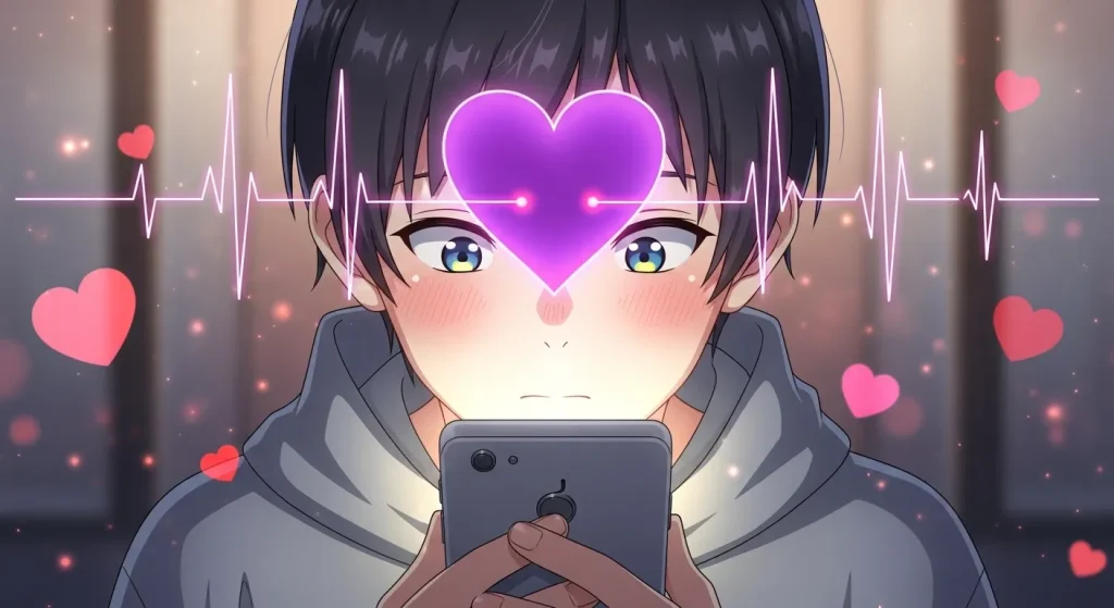 紫ハートの意味を恋愛サインとして表したイラスト。スマートフォンを見てドキドキする男性と紫のハート