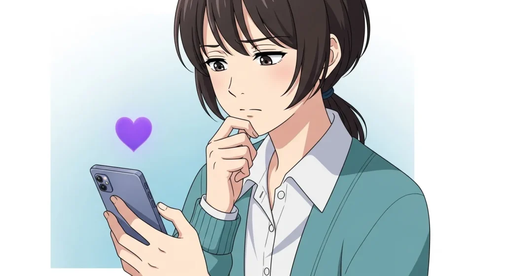 紫ハートの意味に悩む女性のイラスト。スマートフォンと紫のハートを見ながら考える様子