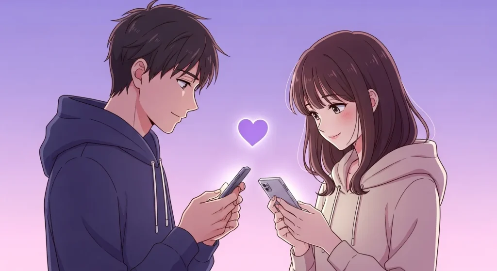 紫ハートの意味をイメージした男女のイラスト。スマートフォンを見ながら紫のハートでつながる様子