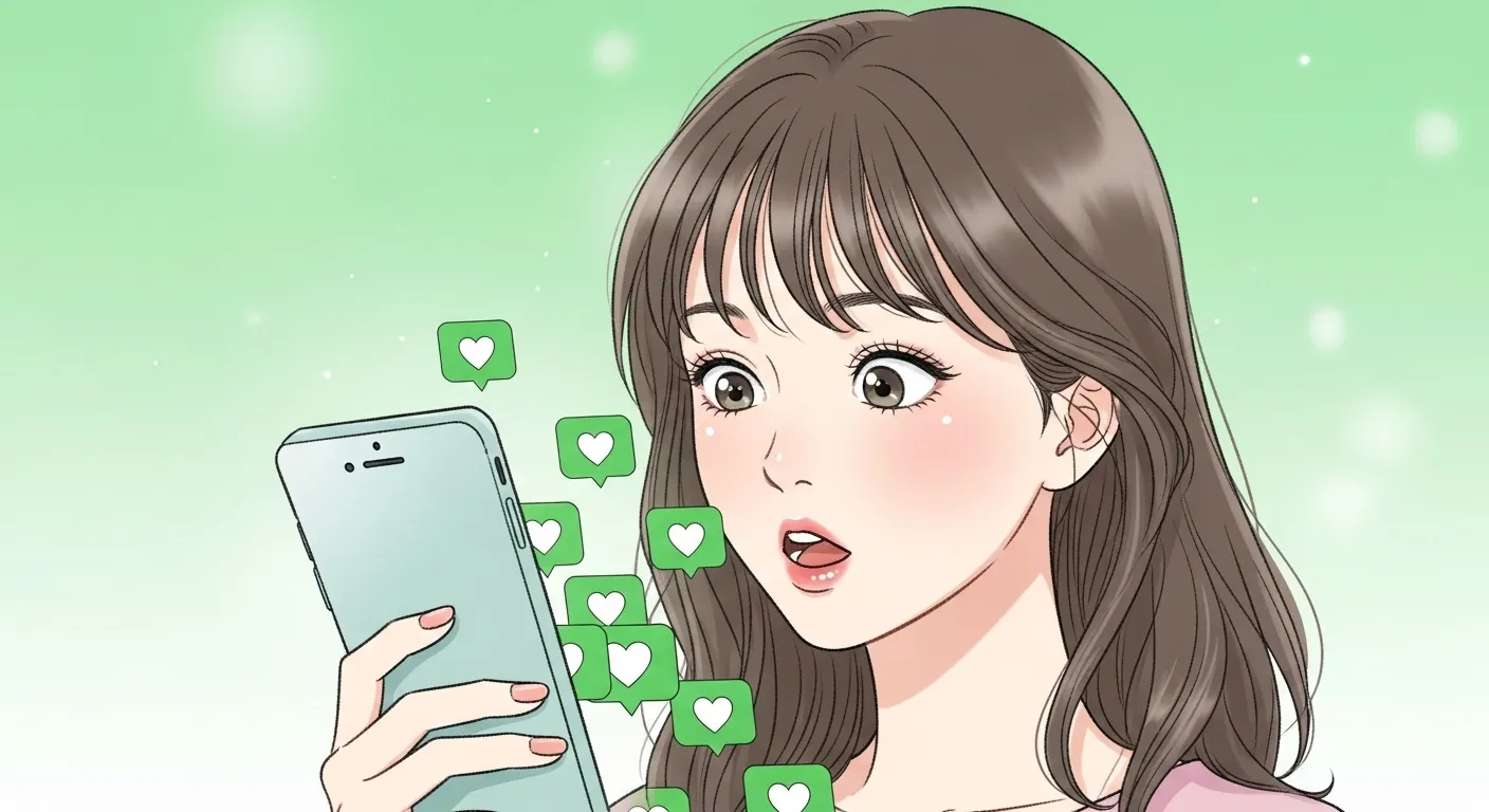 スマホに表示された緑のハート💚の通知を見て驚く女性のイラスト