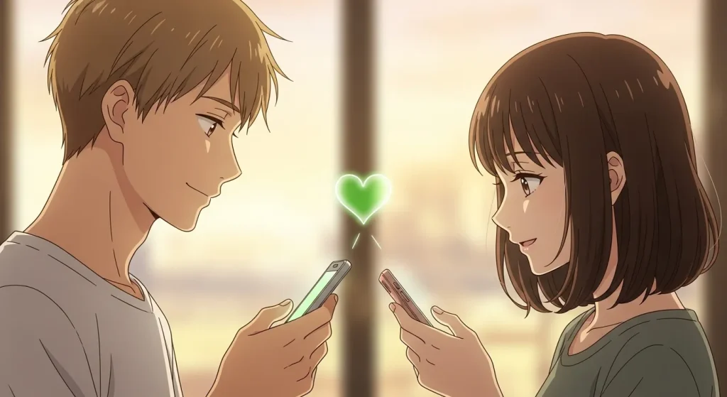 緑のハート💚の意味をイメージしたスマホでメッセージを送り合う男女のイラスト