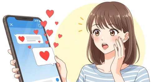 LINEで赤いハート絵文字を受け取り驚く女性のイラスト