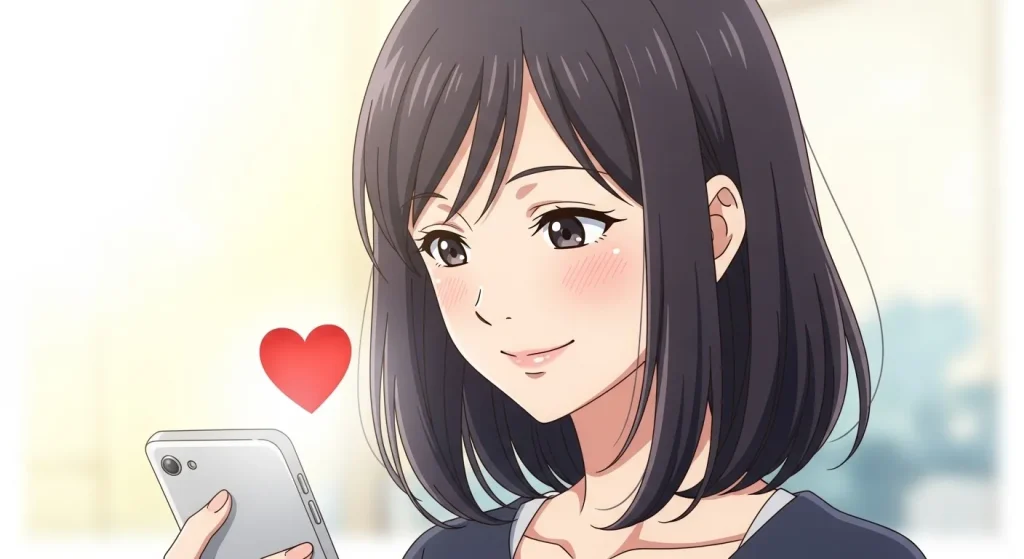 赤いハート絵文字の意味をスマホで確認する女性のイメージイラスト