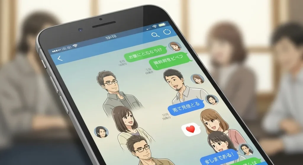 LINEのトーク画面で赤いハート絵文字が送られる様子のイラスト