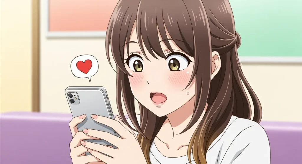 赤いハート絵文字をスマホで受け取り驚く女性のイラスト｜恋愛で脈ありサインのイメージ