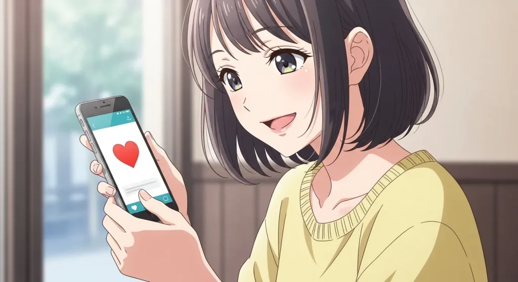 赤いハート絵文字をスマホで見る女性のイラスト｜女性が送る恋愛サインのイメージ