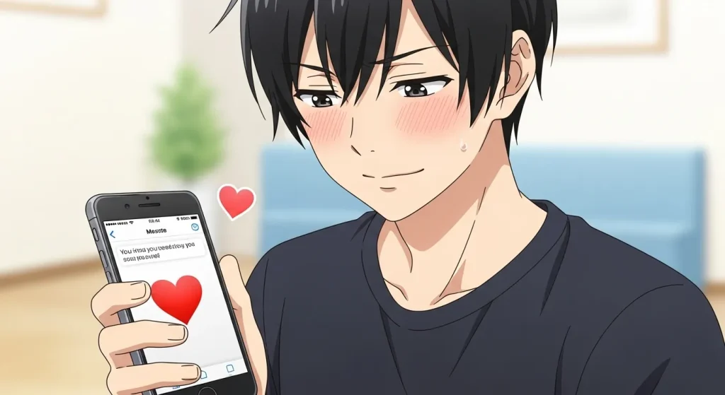 赤いハート絵文字を送る男性心理を表したスマホメッセージのイラスト