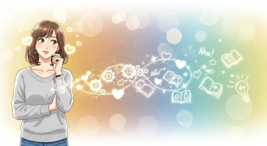 透明なハートの意味について理解が深まる女性とひらめきを表現したイラスト