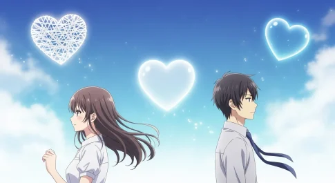 透明なハート💟🤍🩵の違いと恋愛心理を表現した男女と3つのハートのイラスト