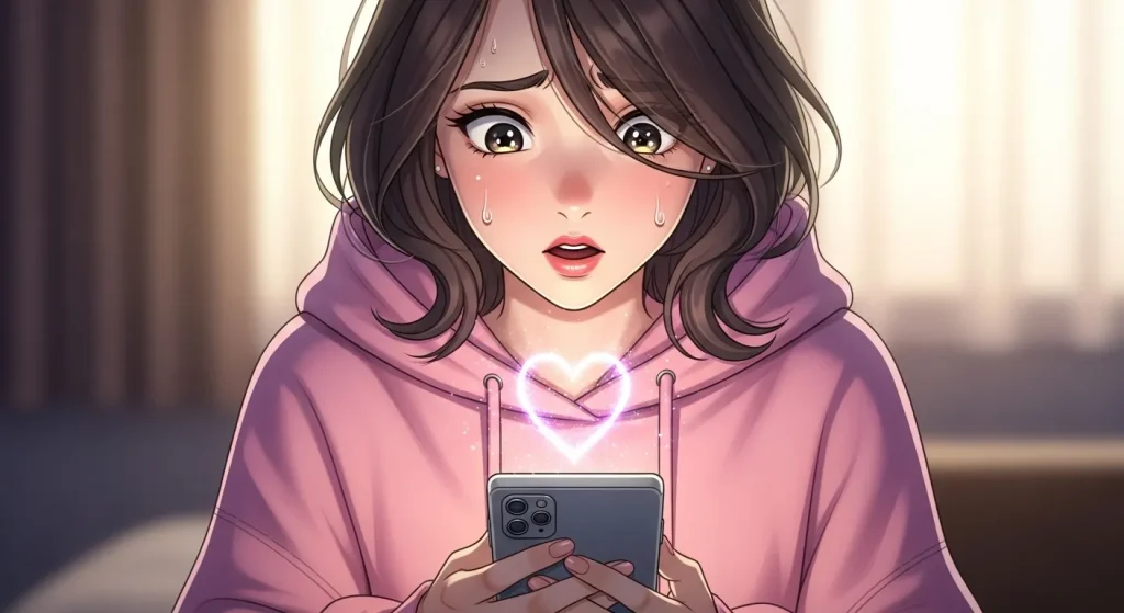スマホのハートを見て驚きとドキドキを感じている女性の恋愛心理を表したイラスト